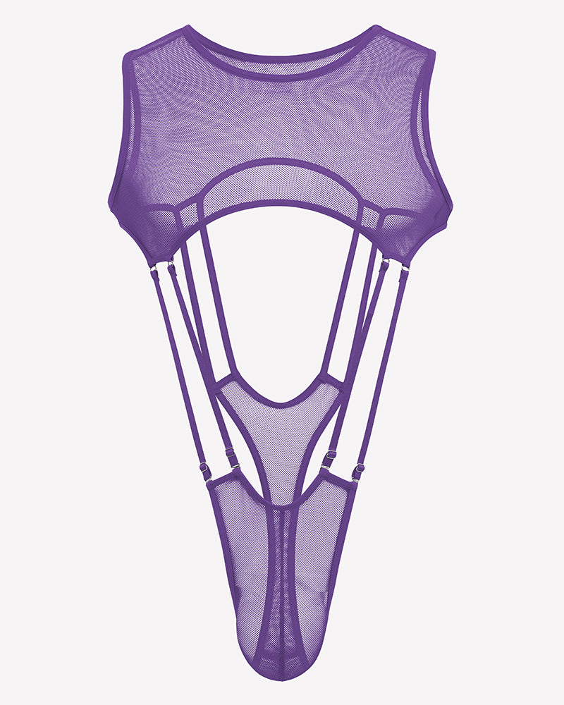 Purple sheer fishnet bodysuit with high-cut legs, sleeveless mesh, front cutout