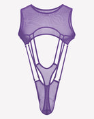 Purple sheer fishnet bodysuit with high-cut legs, sleeveless mesh, front cutout