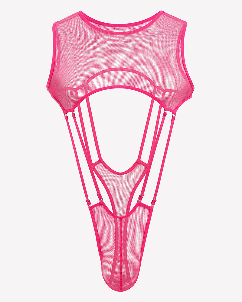 Rose red sheer fishnet bodysuit with high-cut legs, sleeveless mesh, front cutout
