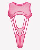 Rose red sheer fishnet bodysuit with high-cut legs, sleeveless mesh, front cutout