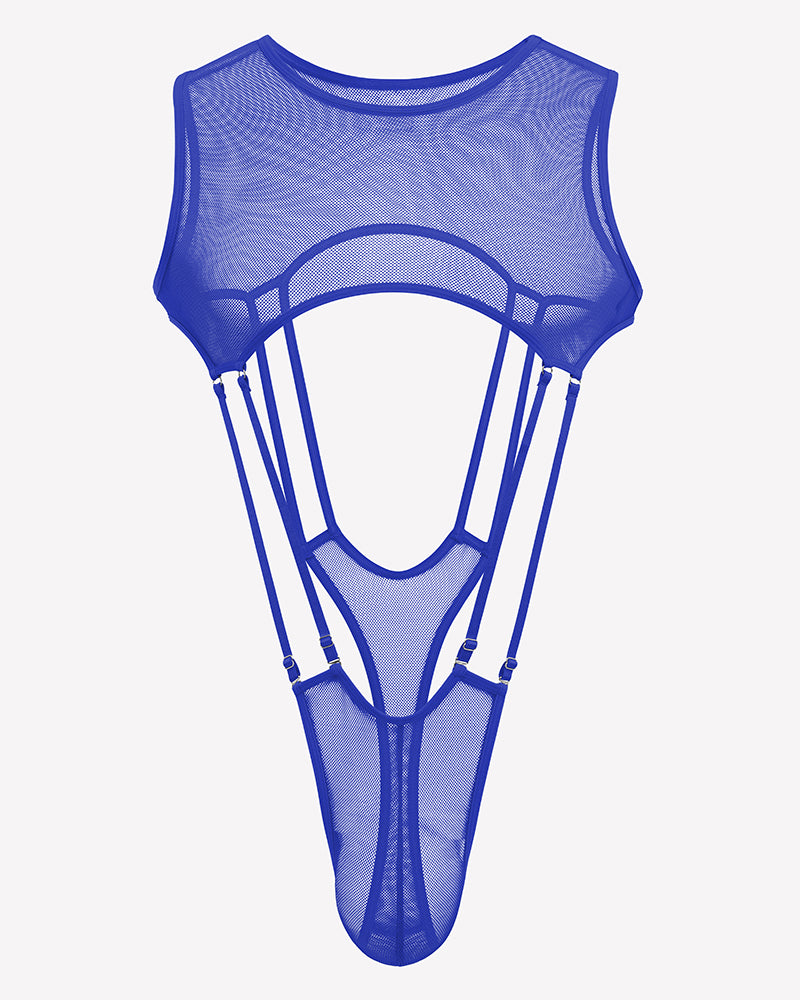 Blue sheer fishnet bodysuit with high-cut legs, sleeveless mesh, front cutout
