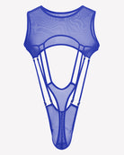 Blue sheer fishnet bodysuit with high-cut legs, sleeveless mesh, front cutout