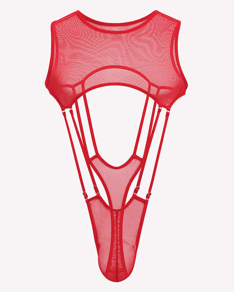 Red sheer fishnet bodysuit with high-cut legs, sleeveless mesh, front cutout