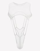 Men's high cut fishnet bodysuit, white sheer mesh with cutout front