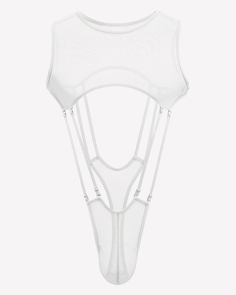 Men's high cut fishnet bodysuit, white sheer mesh with cutout front