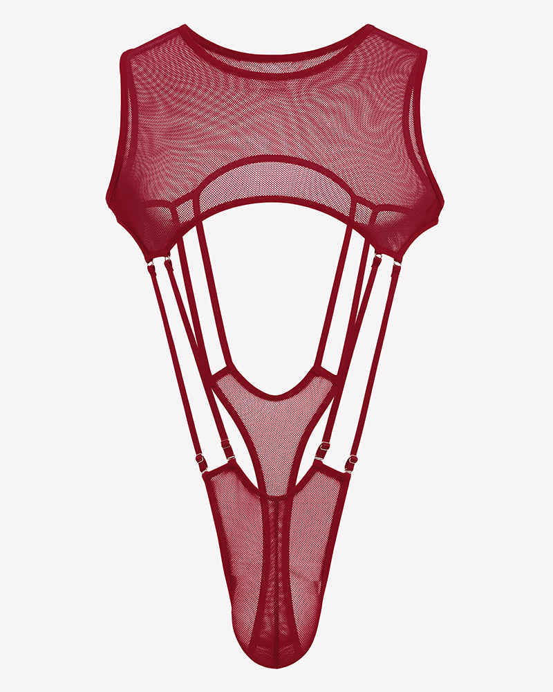Wine red sheer fishnet bodysuit with high-cut legs, sleeveless mesh, front cutout