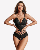 Black sheer lace V-neck teddy with crisscross strap detail