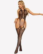 Black fishnet bodystocking one-piece with mesh panels and garter-style straps