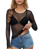 Black sheer mesh long sleeve top with crew neck, slim fit, see-through cups