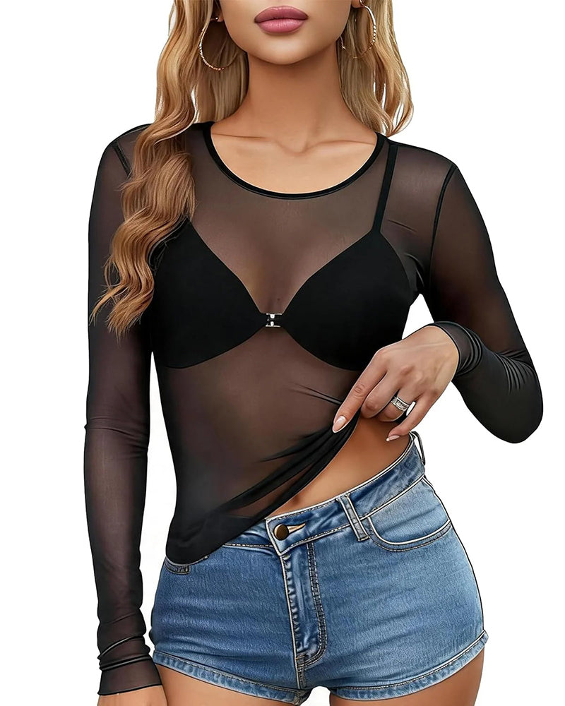 Black sheer mesh long sleeve top with crew neck, slim fit, see-through cups