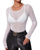 White sheer mesh long sleeve top, crew neck, slim fit with see-through cups