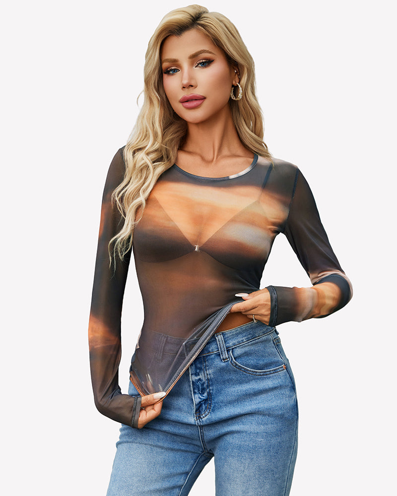 Gradient brown sheer mesh long-sleeve top with crew neck, fitted slim silhouette.