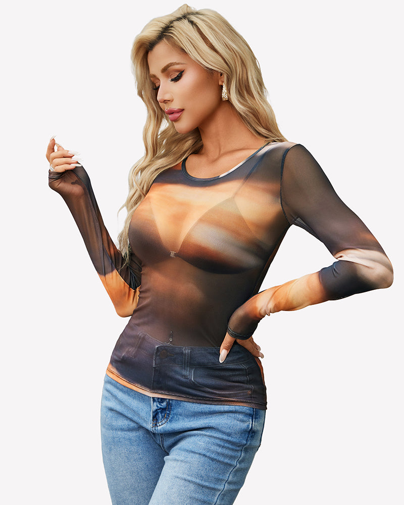 Gradient brown sheer mesh long-sleeve top with crew neck, fitted slim silhouette (side view).