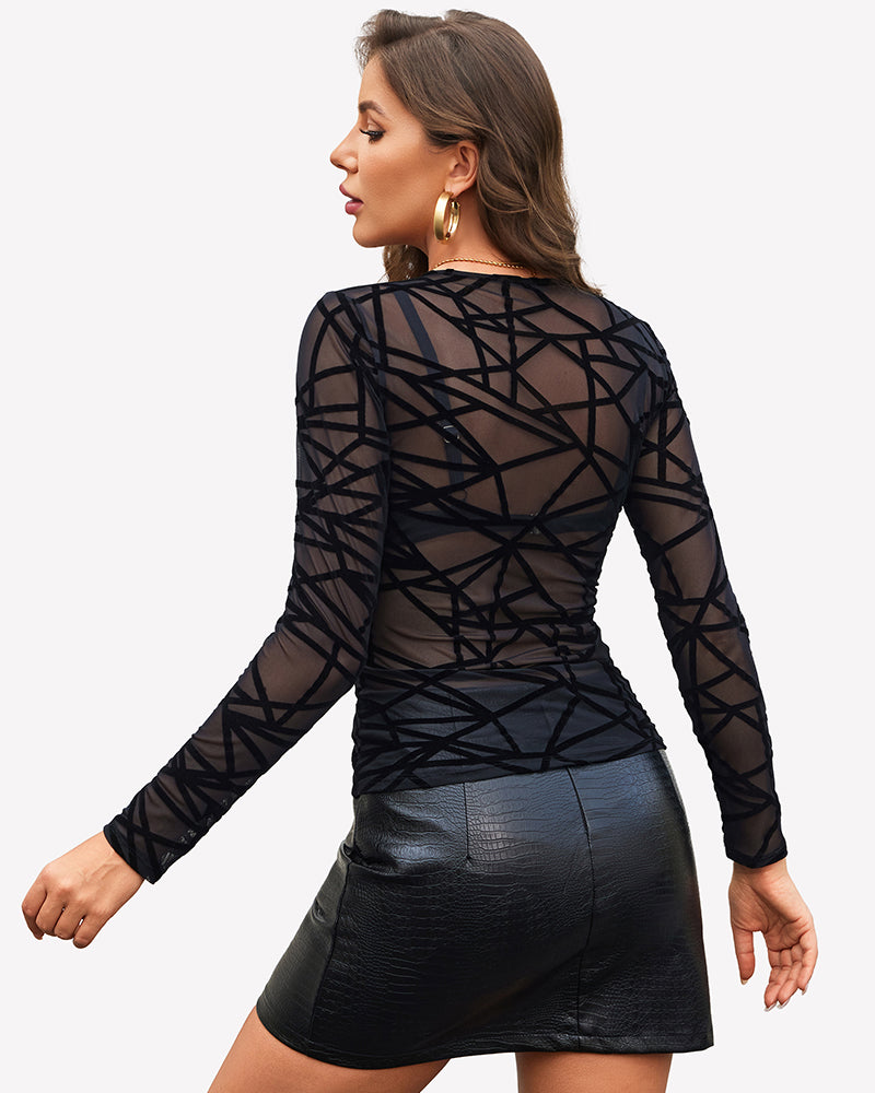 Black geometric sheer mesh long-sleeve top with crew neck, fitted slim silhouette (back).