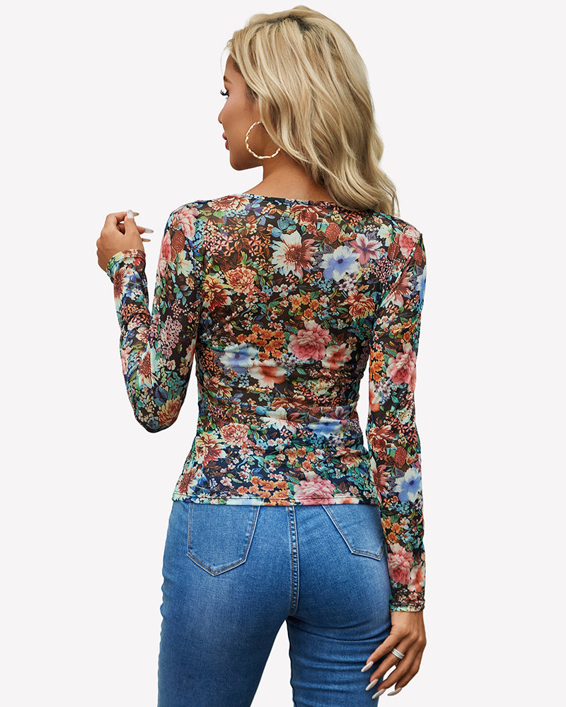 Floral sheer mesh long sleeve top, crew neck, slim fit, see-through back view