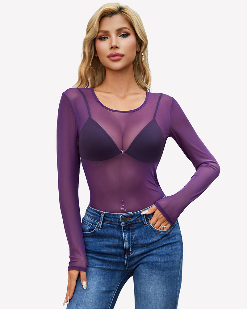 Purple sheer mesh long sleeve top with crew neck, slim fit, see-through cups