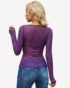 Purple sheer mesh long sleeve top, crew neck, slim fit, see-through back view
