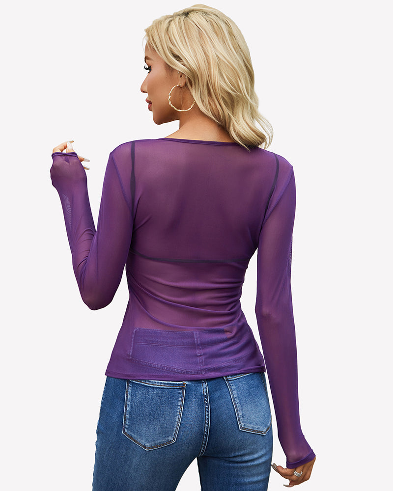 Purple sheer mesh long sleeve top, crew neck, slim fit, see-through back view