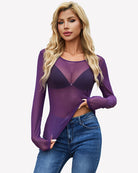 Purple sheer mesh long sleeve top with crew neck, slim fit, see-through front view