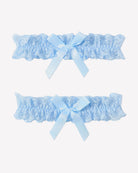 Light blue lace wedding garters set with ruffled edges and matching bow ribbons, 2-piece
