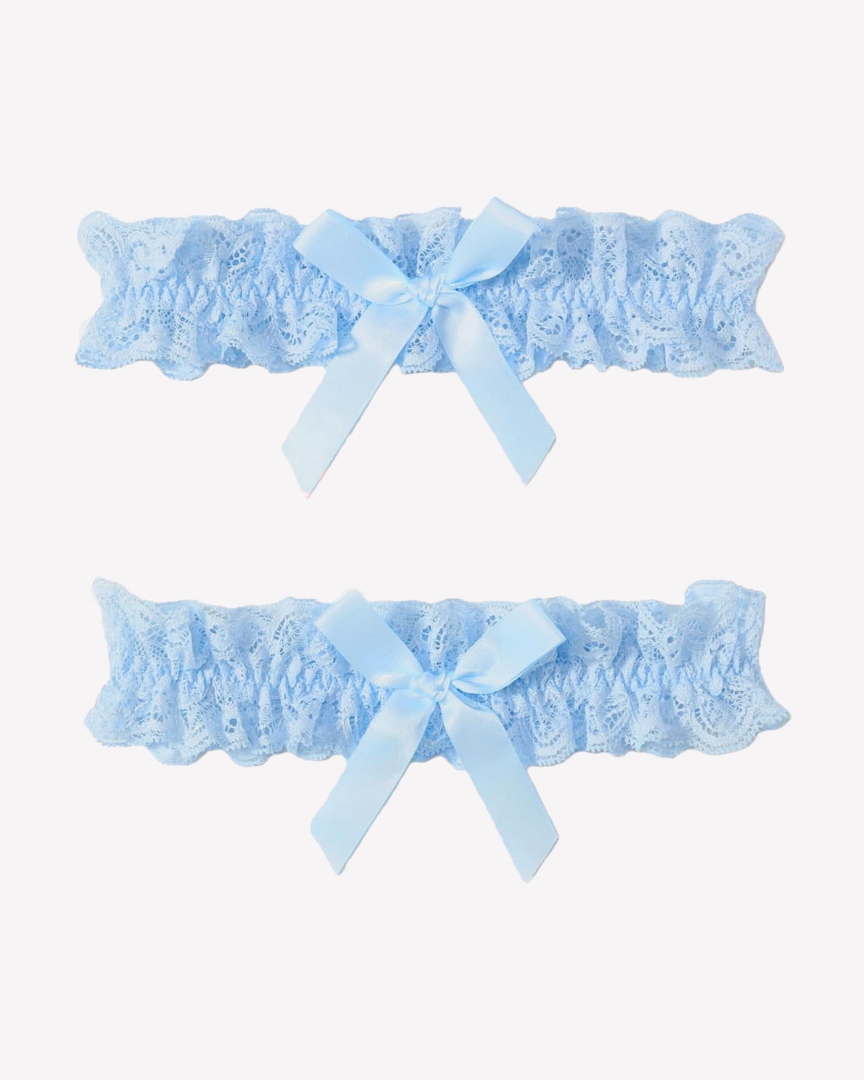 Light blue lace wedding garters set with ruffled edges and matching bow ribbons, 2-piece