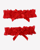 Red lace wedding garters set with scalloped edges and satin bow ribbon, 2-piece