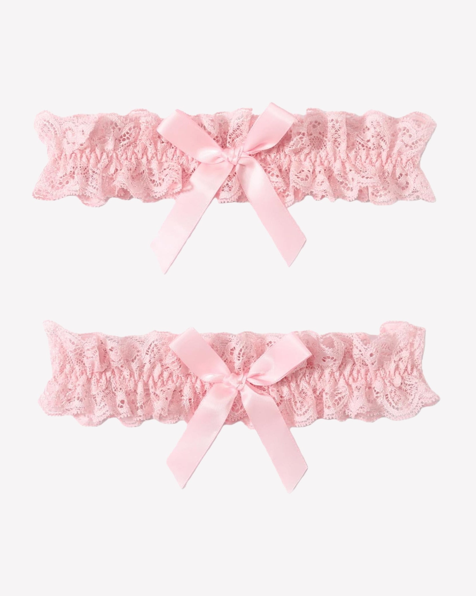Pink lace wedding garters set with ruffled scallop trim and satin bow ribbons, 2-piece