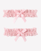 Pink lace wedding garters set with ruffled scallop trim and satin bow ribbons, 2-piece