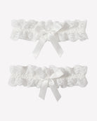 White lace wedding garters set with textured ruffles and satin bow ribbons, 2-piece