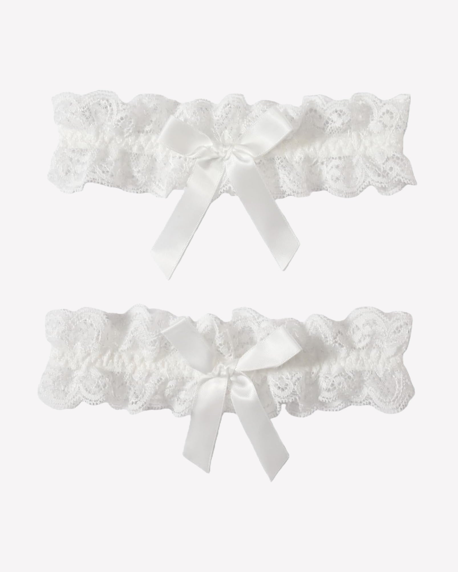 White lace wedding garters set with textured ruffles and satin bow ribbons, 2-piece