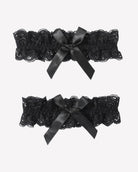Black lace wedding garters set with scalloped lace and satin bow ribbons, 2-piece