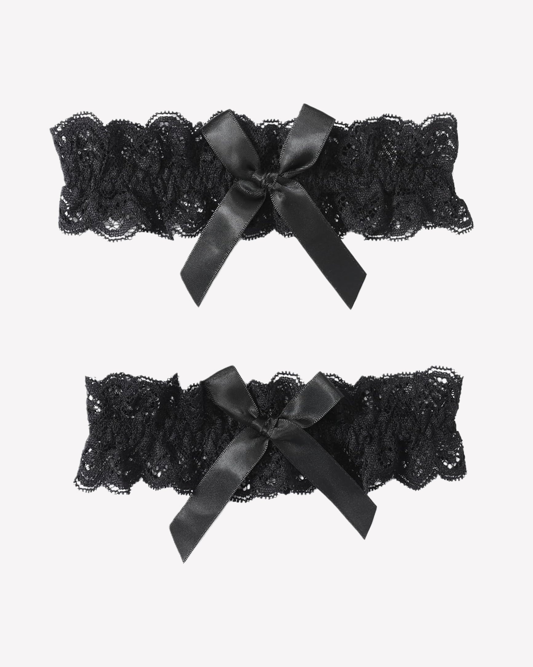 Black lace wedding garters set with scalloped lace and satin bow ribbons, 2-piece