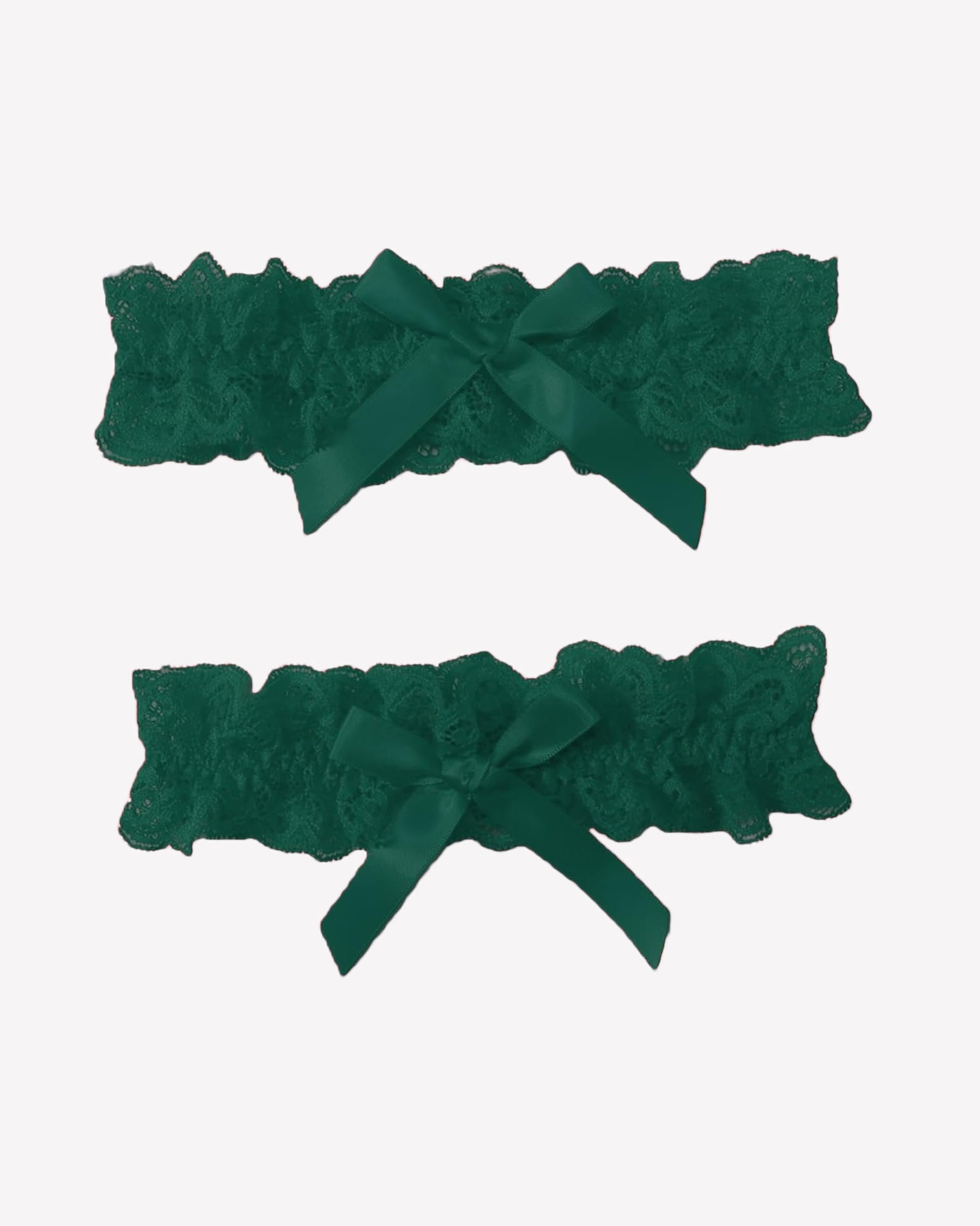 Green lace wedding garters set with ruffled edges and satin bow ribbon, 2-piece