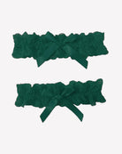 Green lace wedding garters set with ruffled edges and satin bow ribbon, 2-piece