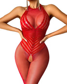 Red fishnet halter bodystocking with diamond mesh and open crotch