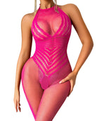 Pink fishnet halter bodystocking with geometric stripes and open crotch