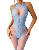 Blue sheer fishnet halter bodystocking with open back and V-pattern