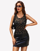 Black sheer star-speckled sleeveless tank top with square neckline and front panel
