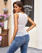 White sheer sleeveless tank top, back view with smooth mesh panel