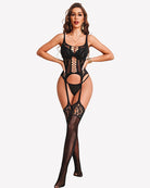 Black mesh bodysuit with crisscross chest cutout and open thigh panels.