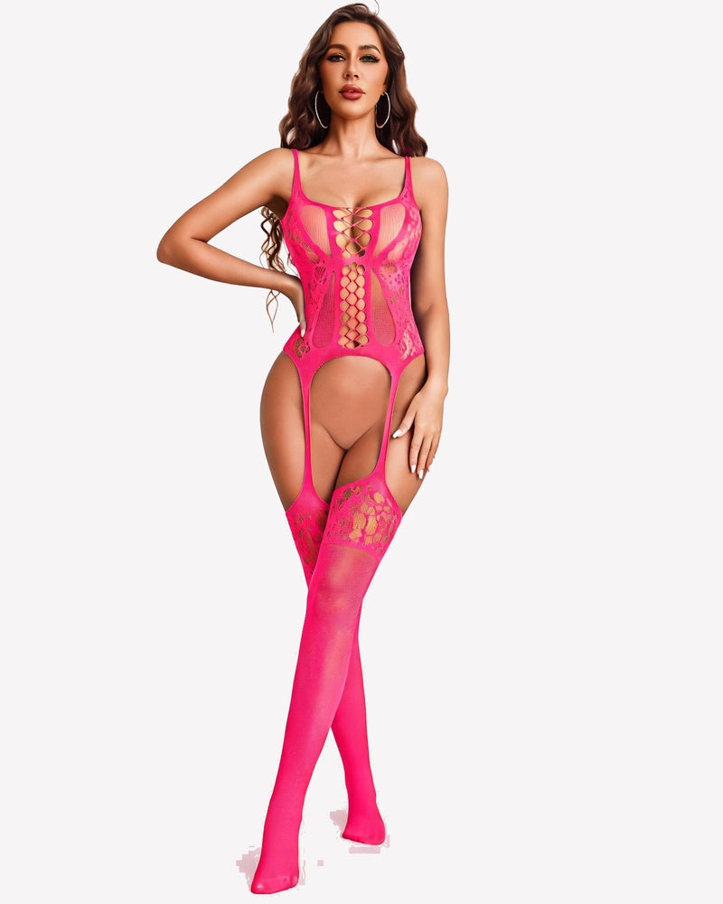 Neon pink mesh bodysuit with lace cutouts and attached thigh-high stockings.