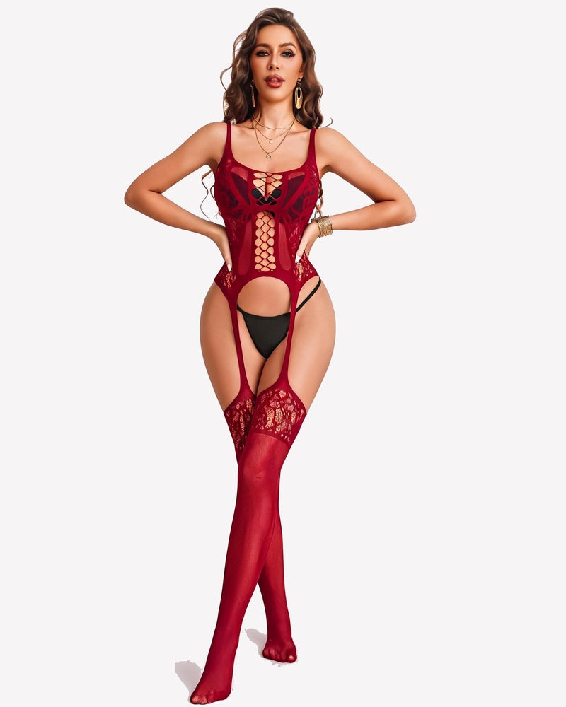 Wine red mesh bodysuit with front lattice cutouts and long thigh-high coverage.
