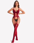 Wine red mesh bodysuit with front lattice cutouts and long thigh-high coverage.