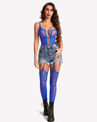 Blue mesh bodysuit with front lattice cutouts and attached thigh-high stockings.