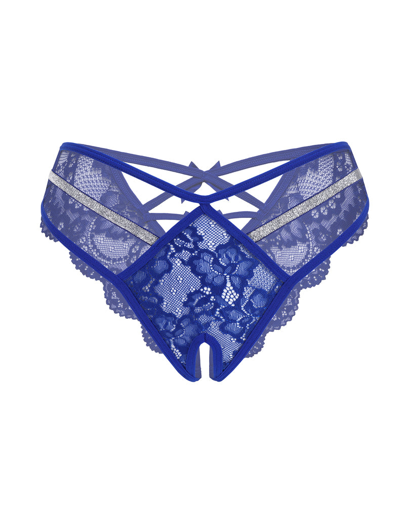 Royal blue lace thong panties with rhinestone side straps and a floral front panel