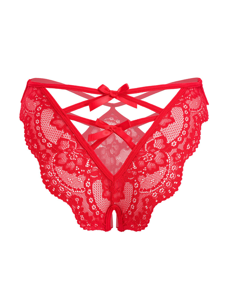 Red lace thong panties with crisscross straps and a sheer mesh front panel