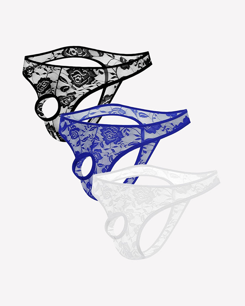 Black lace bikini briefs with floral pattern and oval cutout side bands.