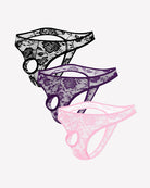 Blue lace bikini briefs with floral pattern and oval cutout side bands.