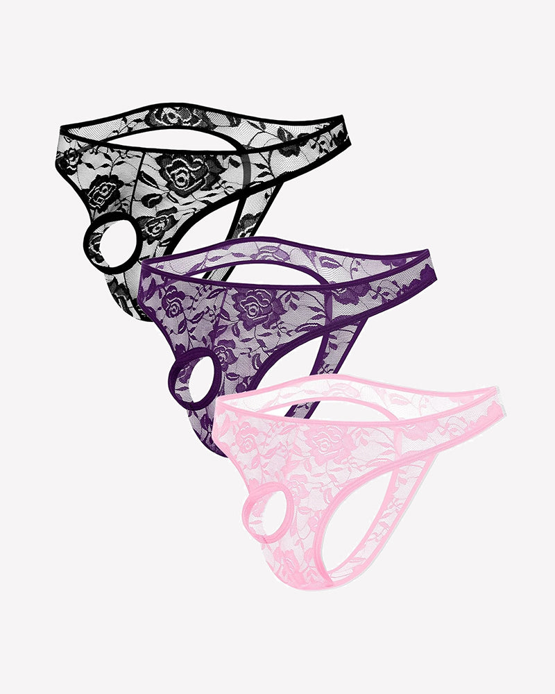 Blue lace bikini briefs with floral pattern and oval cutout side bands.