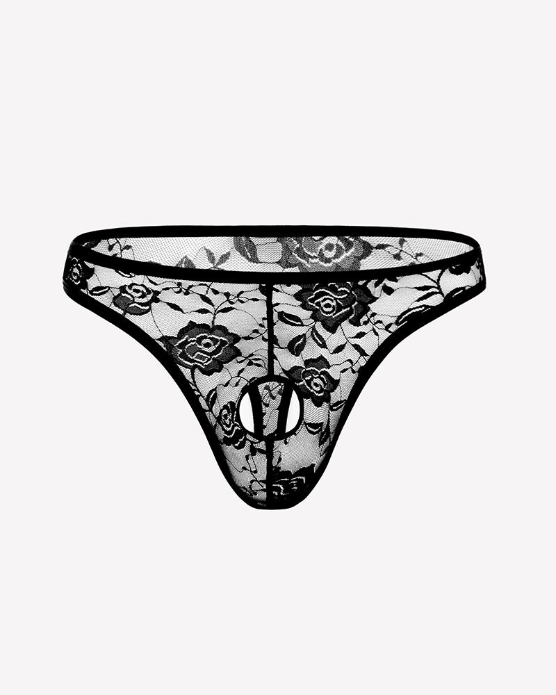 Black lace bikini briefs with floral print and oval cutout accents.
